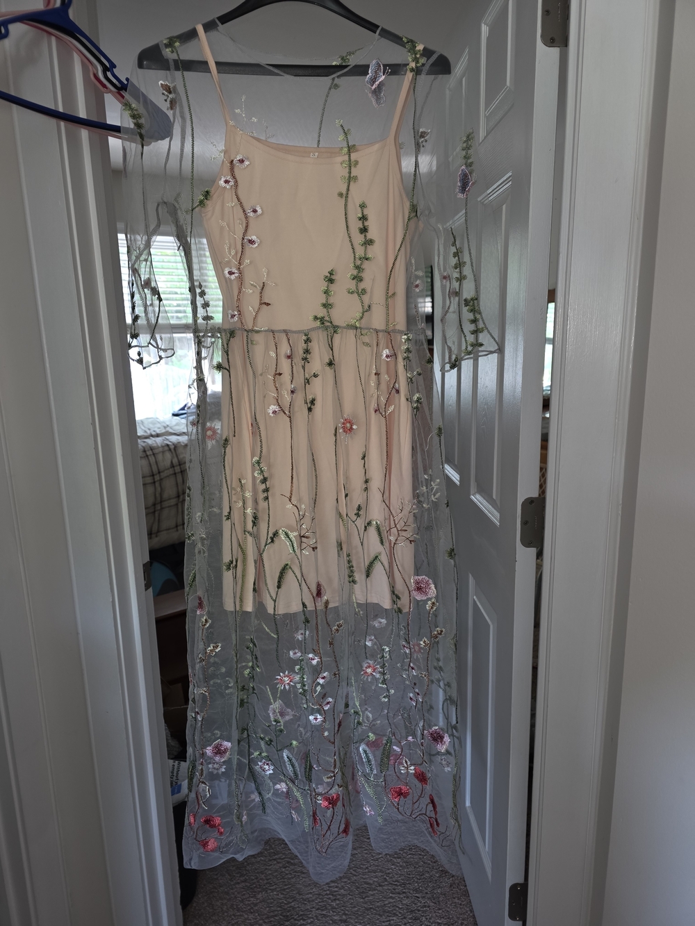 Embroidered Floral Tulle Mesh Maxi Dress Boho Cottagecore Nude Apricot